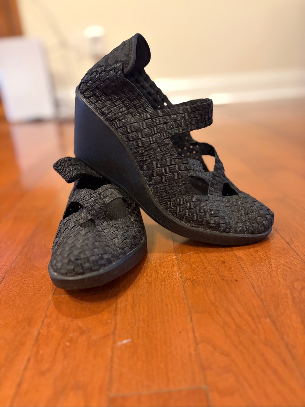 Steve Madden | Women's “Maryane” Black Woven Wedge Sandals - Comfort Style